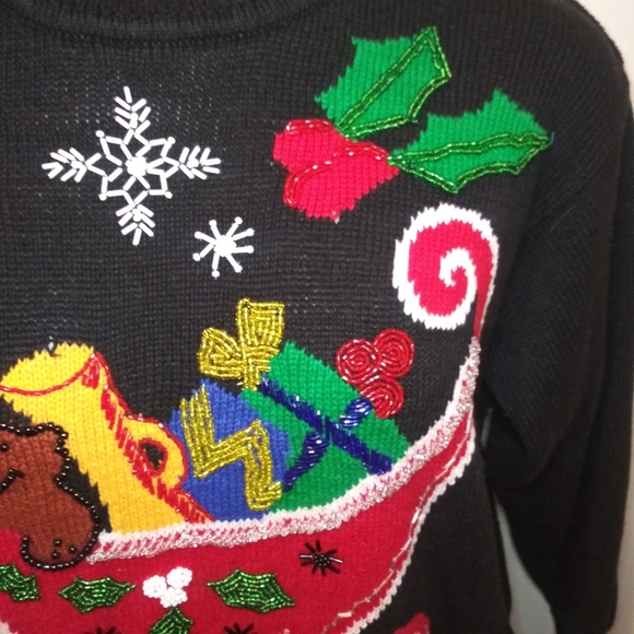 Vintage I.B. Diffusion Black "Santa's Sleigh" Bead Trimmed Christmas Sweater - Picture 4 of 11